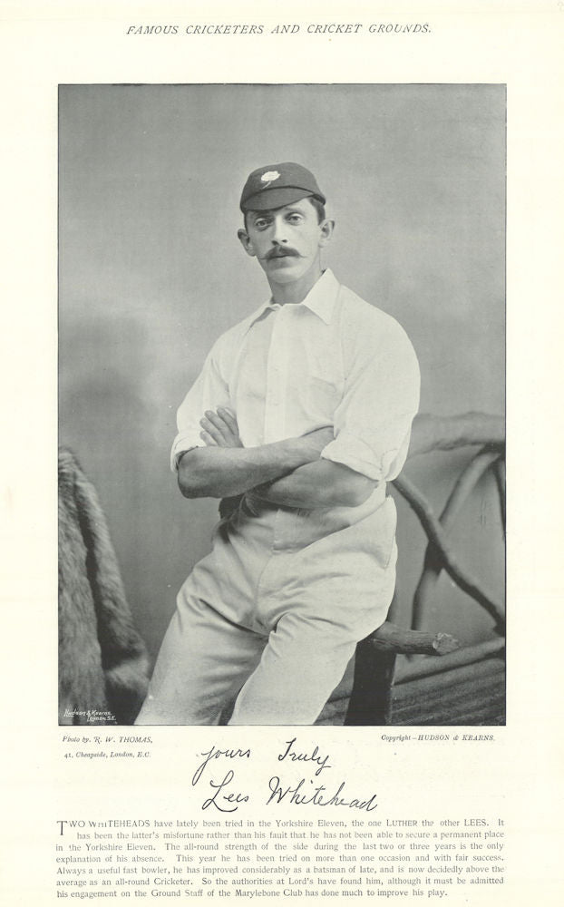 Lees Whitehead. All-rounder. Yorkshire cricketer 1895 old antique print
